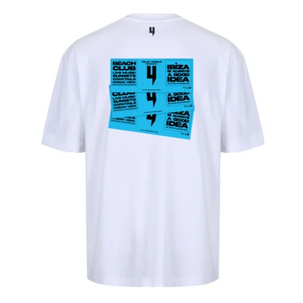 Yelir World White Relaxed Fit Tee Blue Ibiza Ticket Logo (1)